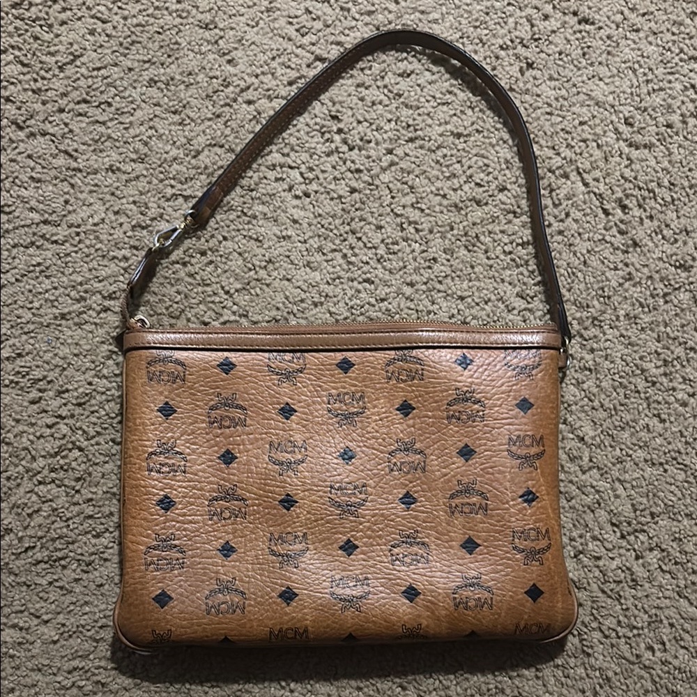 MCM Cognac Brown Monogram Shoulder Bag